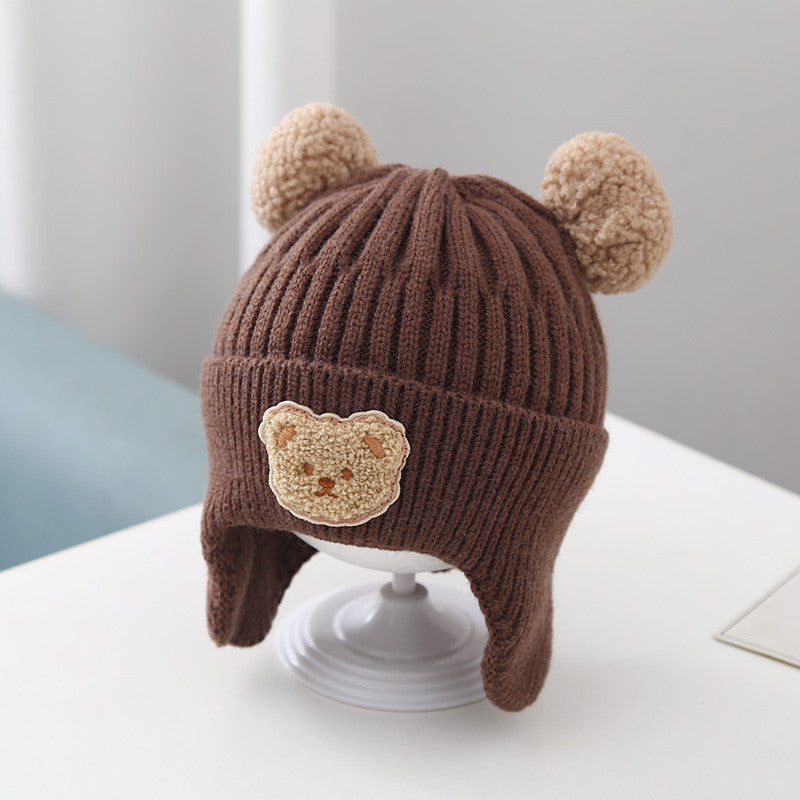 Baby Warm Earflaps Cap Cute Bear Baby Knitted Woolen Cap