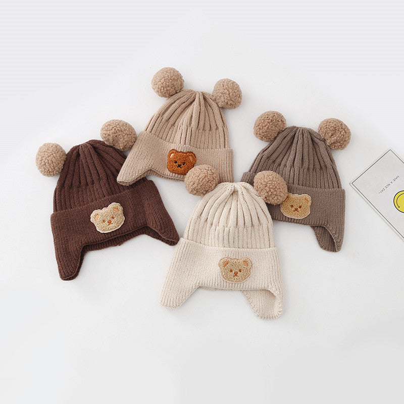 Baby Warm Earflaps Cap Cute Bear Baby Knitted Woolen Cap